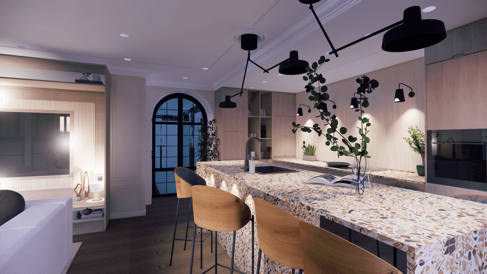 Interior design render of a contemporary kitchen by Studio VIDE
